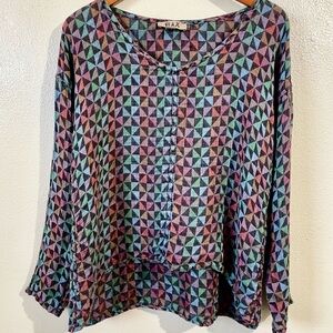 FLAX 100% Linen Top Small Geometric Print High Low Hem Long Sleeve Lagenlook